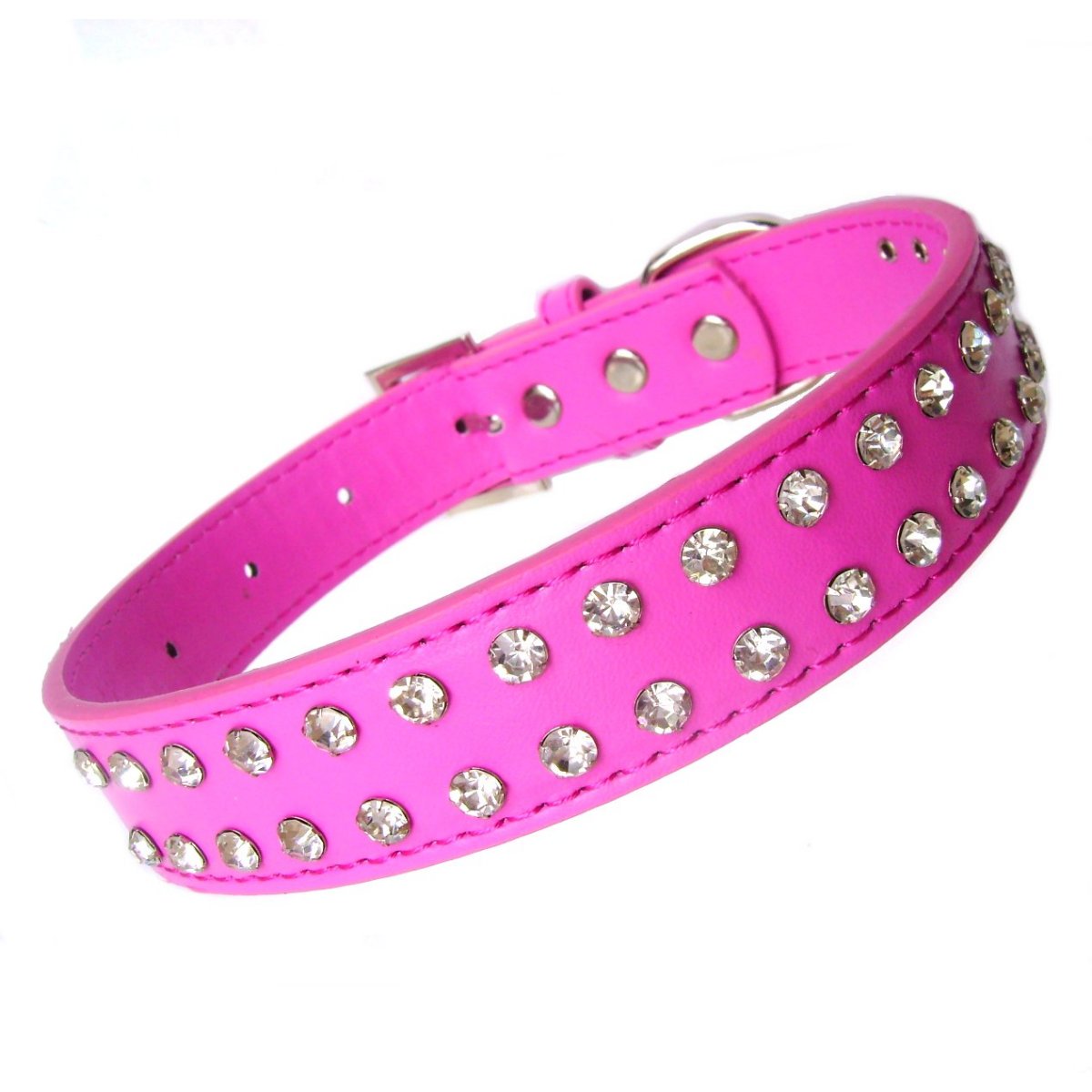 Double Rhinestone Dog Collar & Lead Set – Hot Pink, Faux Leather, Small & Large