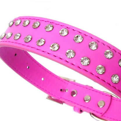 Double Rhinestone Dog Collar & Lead Set – Hot Pink, Faux Leather, Small & Large