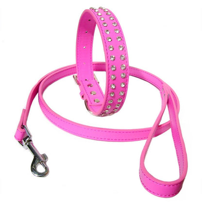 Double Rhinestone Dog Collar & Lead Set – Hot Pink, Faux Leather, Small & Large