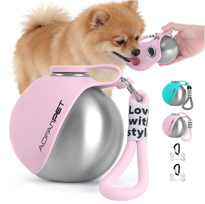 Portable Dog Water Bottle with Built-In Bowl – Stainless Steel, Leak-Proof, Waste Bag Dispenser
